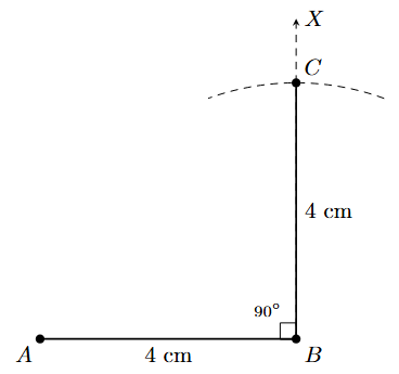 Step 3: Mark point C on BX such that BC=4cm